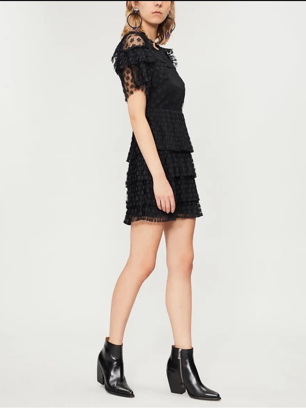 Sandro Paris Black Floral Pleated Ruffle Lace Mini Dress Whimsygoth Feminine - Picture 13 of 16